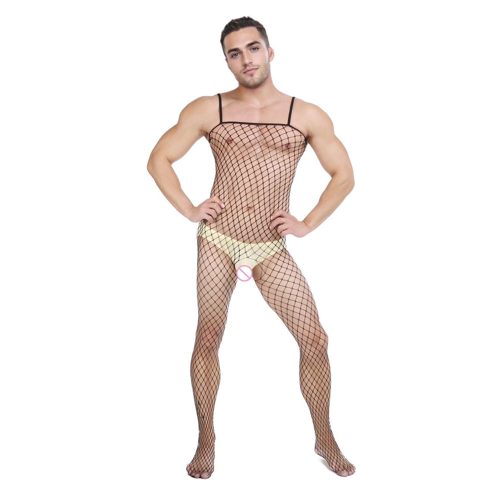 Image of Men’s fishnet one-piece underwear Japanese pseudo-girl sexy cut-out suspender one-piece tight mesh tights tight